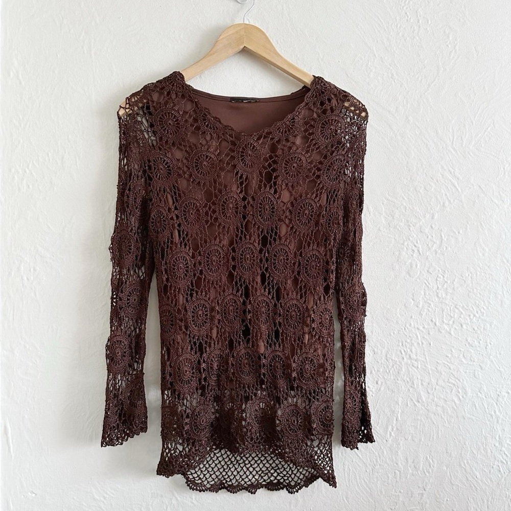 Vintage Brown Crochet Beaded Long Sleeve Top Size S